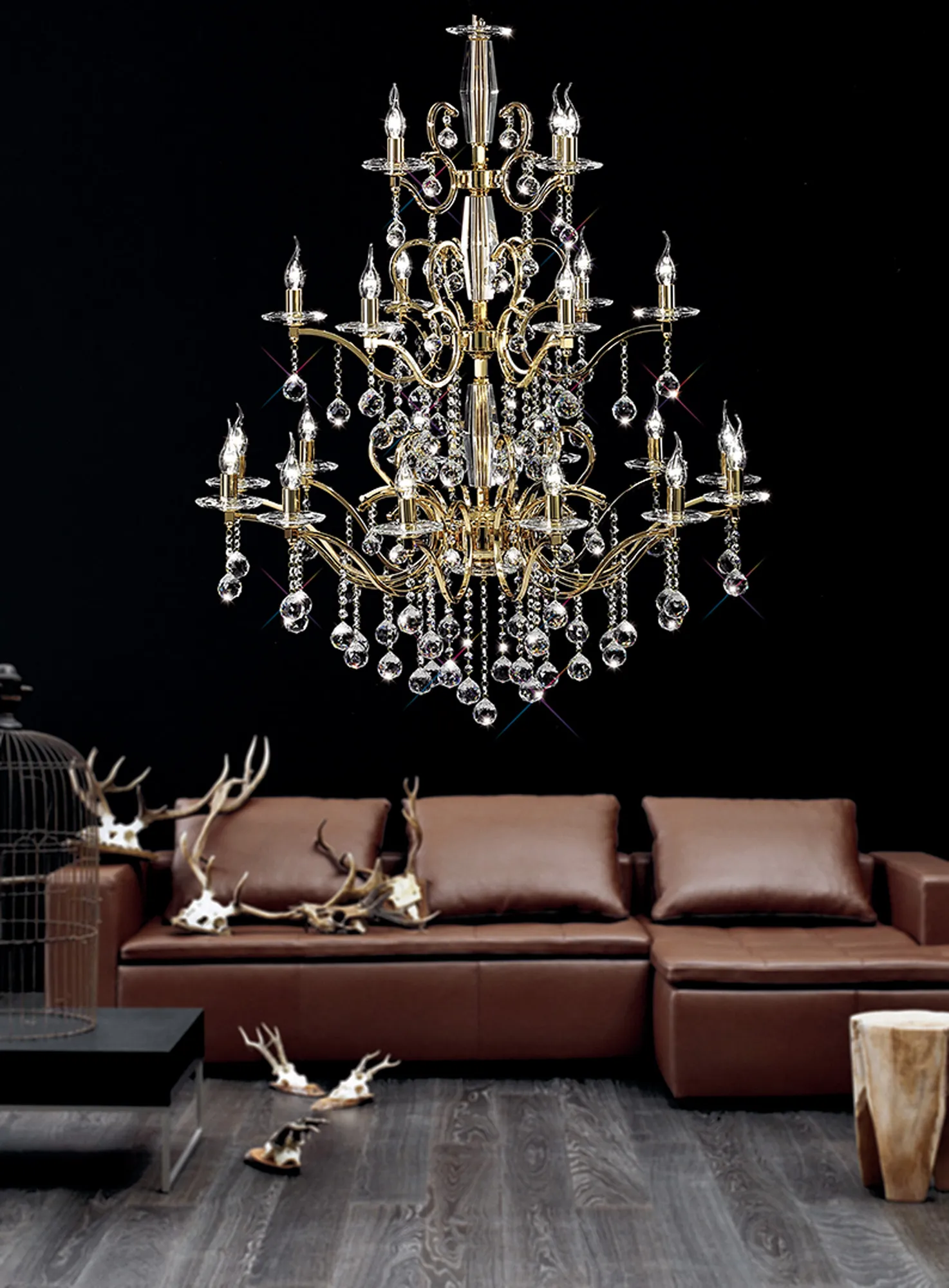 Zinta French Gold Crystal Ceiling Lights Diyas Tiered Crystal Fittings